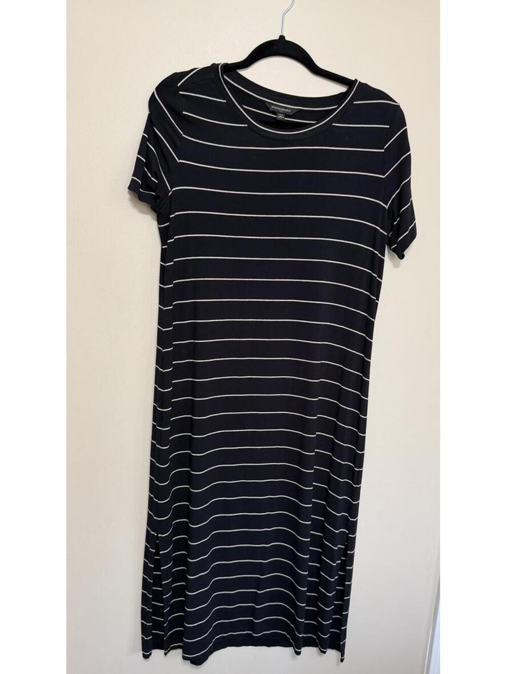 Banana Republic Petite M Striped T-Shirt Dress Black cream  Midi